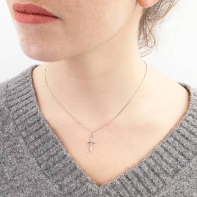 925 Rhodium-Plated Silver Rounded Cross Pendant, 17 x 10 mm - Emanessence