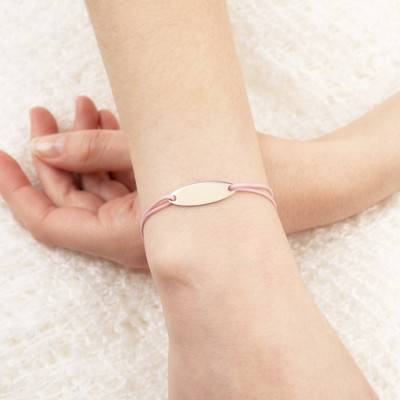 Bracelet Cordon Rose & Plaque Ovale en Argent, Longueur 12,5 cm ajustable, Largeur 1,00 mm - Bambins