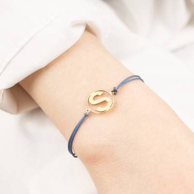375 Yellow Gold Blue Cord Initial Medallion Bracelet, 12 cm - Ocarat