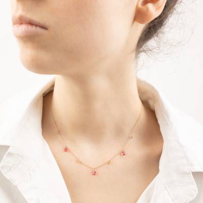 375/1000 Yellow Gold Necklace & Pink and White Stones, 41 cm Length - Ocarat