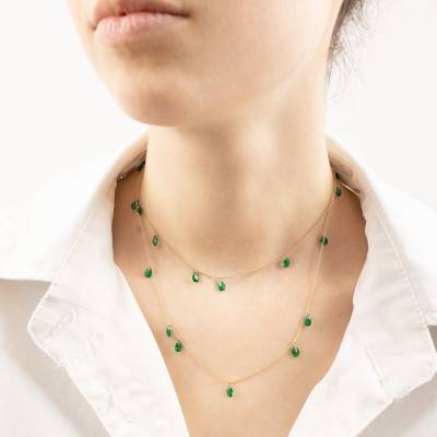 375/1000 Yellow Gold Sautoir Necklace & Green Pear Crystals, 84 cm Length - Ocarat
