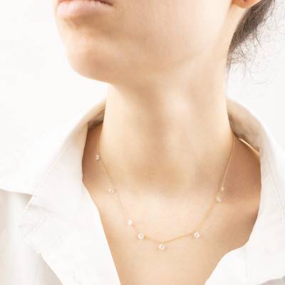 375/1000 Yellow Gold Necklace & Round White Stones, 42 cm Length - Ocarat
