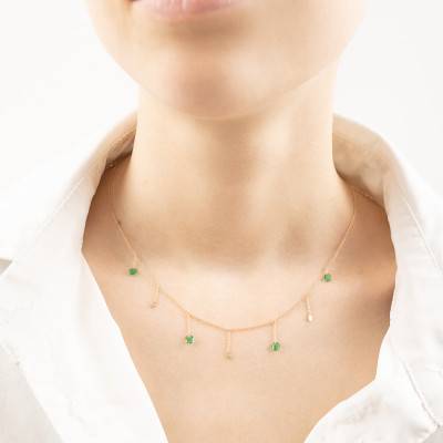 Collier Cristaux Ronds Verts & Pampilles en Or Jaune 375, 45 cm - Ocarat