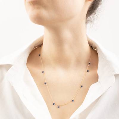 Collier Cristaux Ronds Bleus en Or Jaune 375, Longueur 53 cm - Ocarat