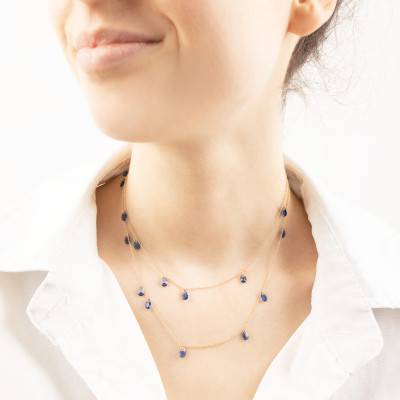 375/1000 Yellow Gold & Blue Pear Crystal Long Necklace, 78.5 cm to 84 cm Length - Ocarat