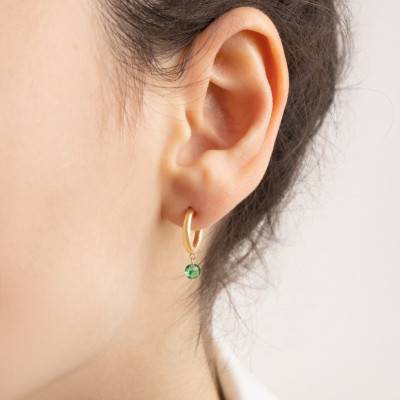 375 Yellow Gold & Green Round Crystal Hoop Earrings, 11.70 mm - Ocarat