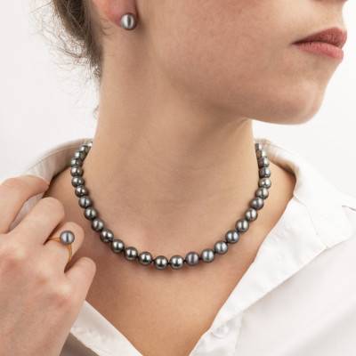 750 White Gold & Round Tahitian Pearl Necklace, 42 cm Length - Négoce-îles