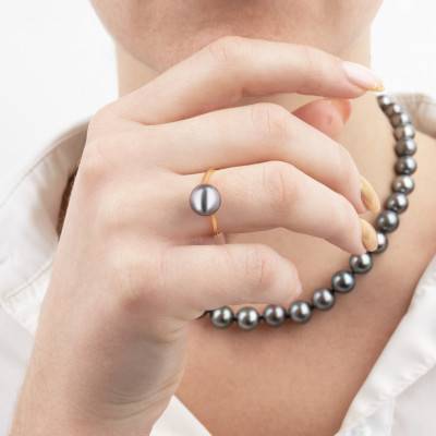 750/1000 Yellow Gold Round Green Tahitian Pearl Ring - Négoce-îles