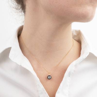 750 Yellow Gold & Round Tahitian Pearl 8/9 mm and 0.03 ct Diamond Pendant - Négoce-îles