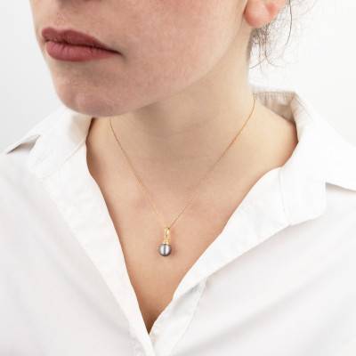 750/1000 Yellow Gold & Tahitian Pearl 9/10 mm Pyramid Pendant - Négoce-îles
