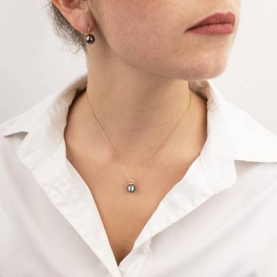 750 Gold & Round Tahitian Pearl 9/10 mm and 0.025 ct Diamond Pendant - Négoce-îles