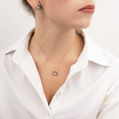 750/1000 Yellow Gold & Round Tahitian Pearl 10/11 mm and 0.055 ct Diamonds Pendant - Négoce-îles