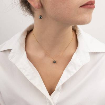 750 Yellow Gold & Round Black Tahitian Pearl 8/9 mm Pendant - Négoce-îles