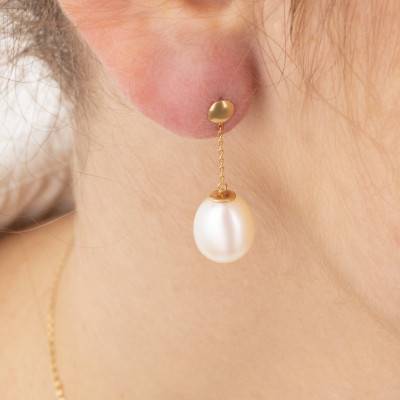 750/1000 Yellow Gold & Freshwater Pearl 9/10 mm Drop Earrings - Négoce-îles