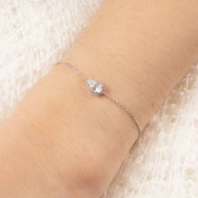 Bracelet Diamant Poire 0,50 ct GIA et son Halo en Or Blanc 750, Longueur 18 cm, Largeur 0,90 mm - Divine