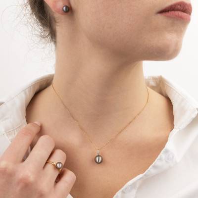 750/1000 Yellow Gold, Diamonds 0.03 ct & Round Tahitian Pearl Necklace, 45 cm - Négoce-îles