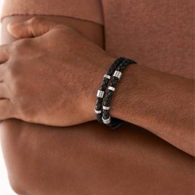 Bracelet Double Brin en Cuir Tressé & Acier, Longueur 25,60 cm - Fossil