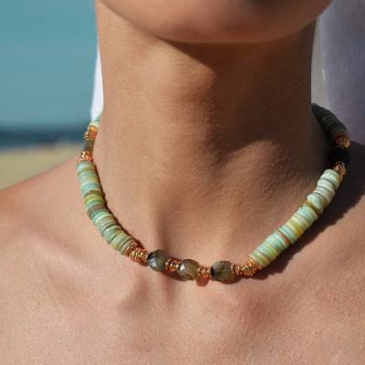 Gold Rosena Necklace & Multicolor Stones, Adjustable Length - Hipanema