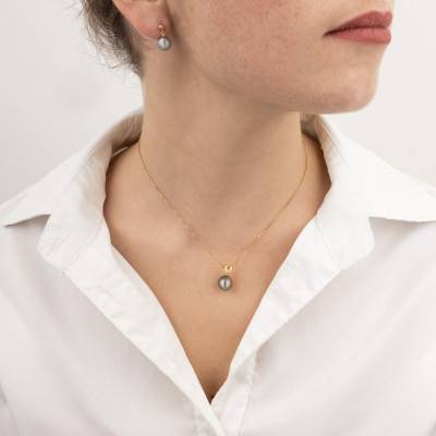 750/1000 Yellow Gold & Round Tahitian Pearl Necklace, 45 cm - Négoce-îles