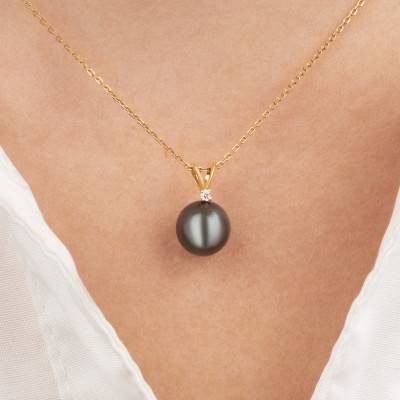 750/1000 Yellow Gold, Diamond 0.03 ct & Round Tahitian Pearl Necklace, 45 cm - Négoce-îles