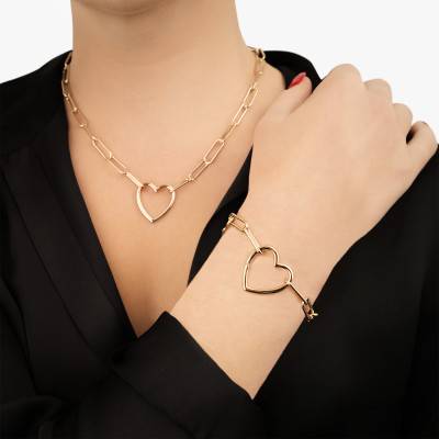Yellow Gold-Plated Rectangular Link Heart Clasp Bracelet, Length 18 cm - Naïades