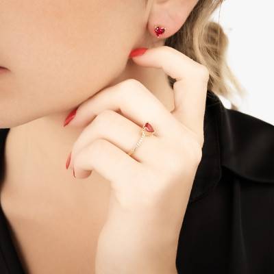 Bague Pierre Coeur Rouge & Oxyde de Zirconium, Plaqué Or - Naïades
