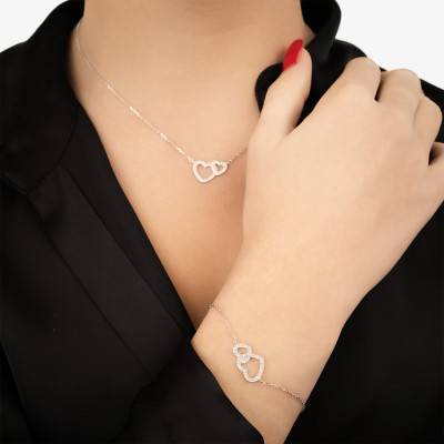 925 Silver & Cubic Zirconia Intertwined Hearts Necklace, 45 cm - Naïades