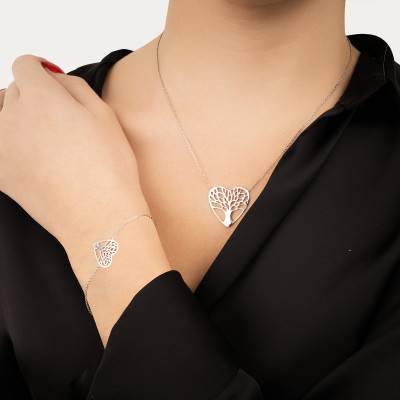 925 Silver Heart & Tree of Life Necklace, Length 45 cm - Naïades