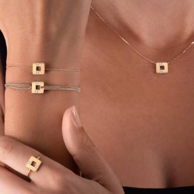 750 Yellow Gold Arty Square Line Bracelet with Brown Nylon Cord & Diamonds 0,023 ct, Adjustable Length - Skalli