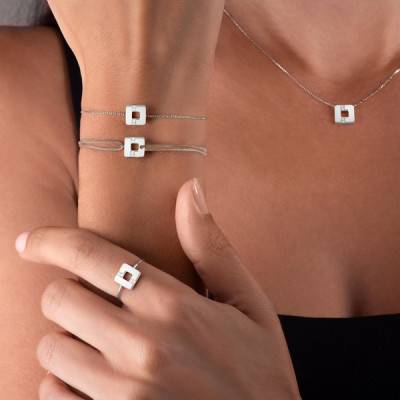 750 White Gold Arty Square Line Bracelet with Black Nylon Cord & Diamonds 0,023 ct, Adjustable Length - Skalli