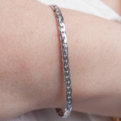 Rhodium-Plated 925 Silver Coffee Bean Chain Bracelet, Length 18 cm, Width 4 mm and 5 mm - Manillon