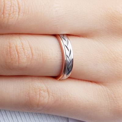 Two-Tone 750 Rose & White Gold Standard Layered Ribbon Wedding Ring with Cut Leaf Motifs, Width 4 mm - Amore