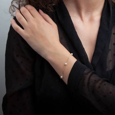 375/1000 Yellow Gold & Cultured Pearl Chain Bracelet, Length 18 cm - Emanessence