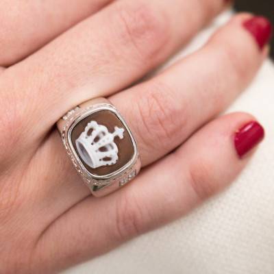 Bague Camée Couronne et Pierres, Marron & Argent - Emanessence