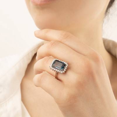 Bague Topaze Blue London & Diamants 0,60 ct, Or Blanc 750 - Façonnier