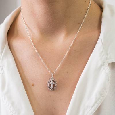 Brown Cameo Cross & White Openwork Outline Pendant in 925 Silver - Emanessence