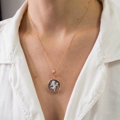 Pendentif Camée Ovale Ange et Coeur, Marron & Doré Rose - Emanessence