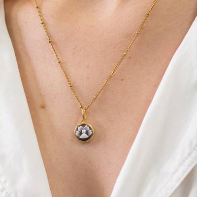 Pendentif Camée Fleur Rond, Marron & Doré - Emanessence