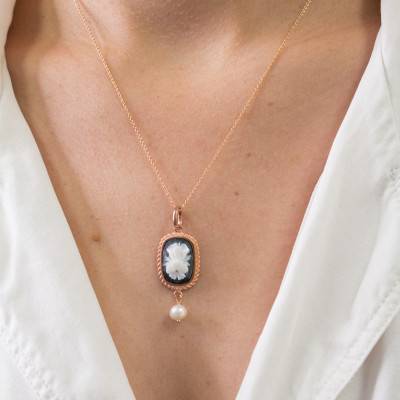 Black Floral Rose Gold-Tone Cameo Pendant with Pearl Dangles - Emanessence