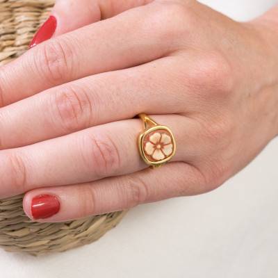 Orange Gold-Tone Square Floral Cameo Ring - Emanessence
