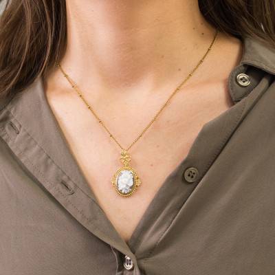 Brown Oval Cameo Pearl Detail Flower Pendant Gold-Tone - Emanessence