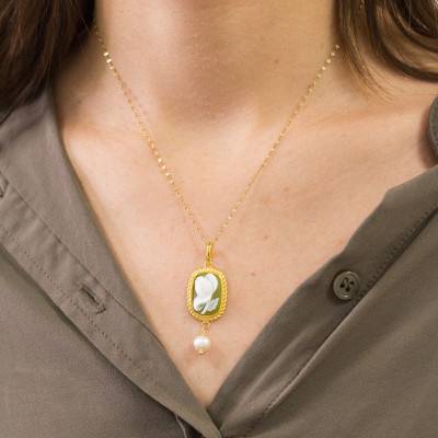 Green Gold-Tone Floral Cameo Pendant with Pearl Dangles - Emanessence