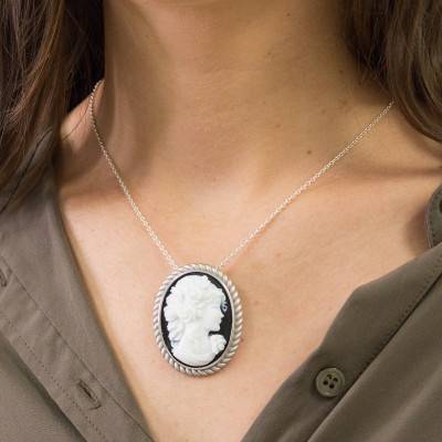 Broche Camée Visage Femme de Profil, Noir & Argent - Emanessence