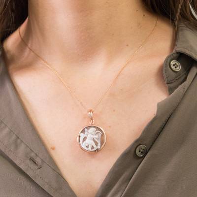 Brown Round Angel Playing Harp Rose Gold Cameo Pendant - Emanessence