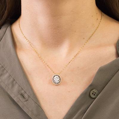 Brown Oval Floral Gold Cameo Pendant with Stone Halo - Emanessence