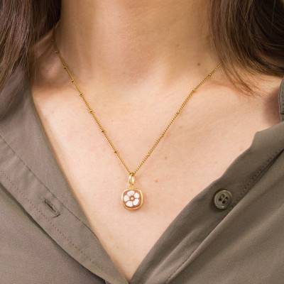 Pendentif Camée Carré Fleur, Orange & Doré - Emanessence