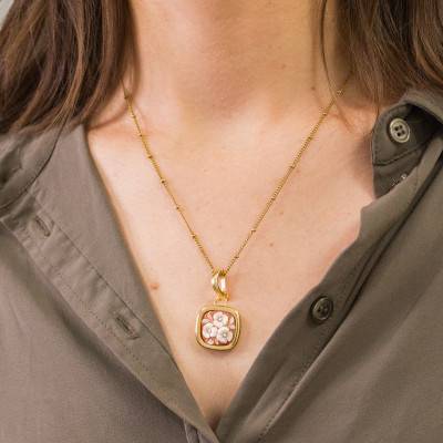 Pendentif Camée Carré Fleuri, Orange & Doré - Emanessence
