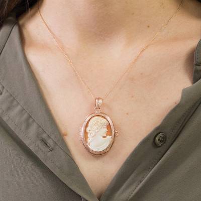Pendentif Camée Porte Photo & Visage Femme de Profil, Doré Rose et Orange - Emanessence