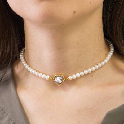 Collier de Perles et Camée en Coeur Marron avec Cupidon, 32 cm à 38 cm - Emanessence