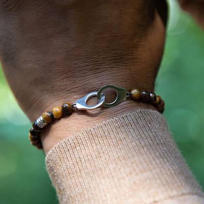 Bracelet Talisman Menottes Acier & Oeil de Tigre, Longueur 19,50 cm - HB57603 - Rochet